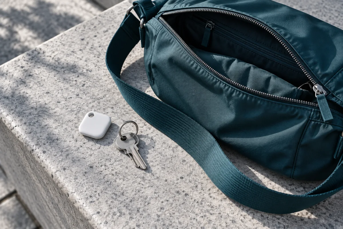 A teal everyday bag, keys and a generic Bluetooth item tracker resting on a stone bench